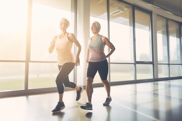 Fototapeta premium Middle-aged men, two friends during gym workout, AI generative