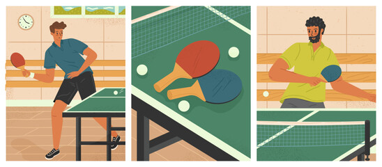 Table tennis sport posters vector set. Two man playing ping pong game. Balls and rackets on ping pong table. Sport concept illustration - obrazy, fototapety, plakaty