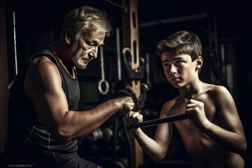 Fototapeta na wymiar Training session, teenage boy and his strong middle aged father training in gym, AI generative