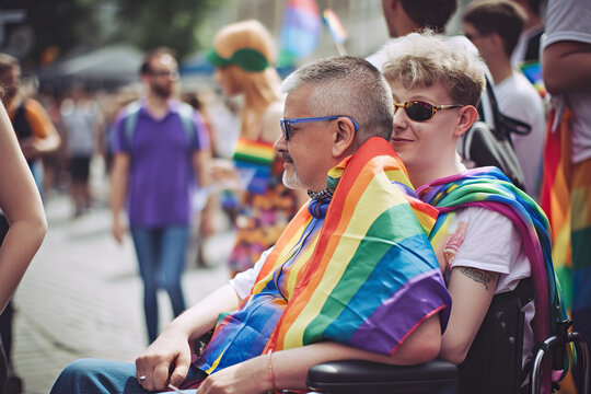 Handicapped people with rainbow flag and scarf participate in LGBTQ+ pride event, AI generative