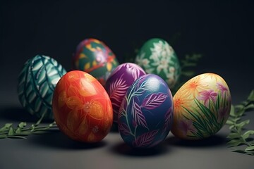 Fototapeta na wymiar Colorful flower patterns on the easter eggs. Generative AI