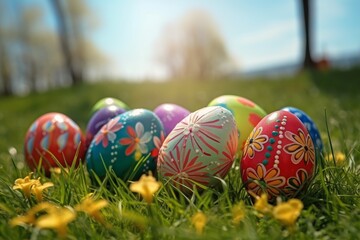 Fototapeta na wymiar Easter eggs in the grass on a sunny day. Generative AI