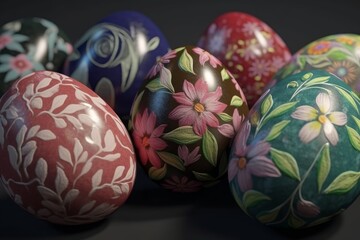 Colorful flower patterns on the easter eggs. Generative AI