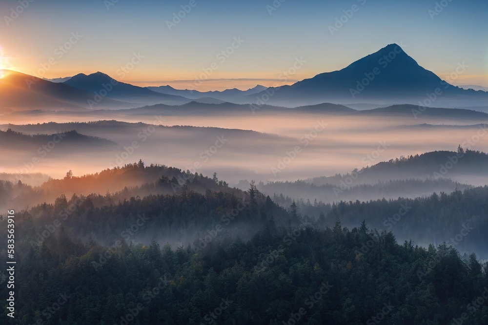 Wall mural Morning nature with misty forest and hills covered with thick fog., created with generative ai