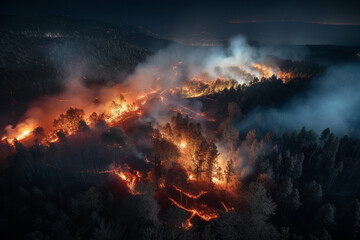 Fototapeta na wymiar Aerial view of large scale wildfire at night. Generative AI
