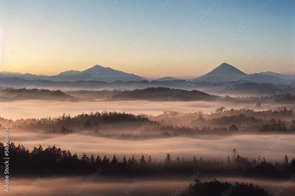 Poster Mountain peaks peek out from thick fog and misty forest., created with generative ai