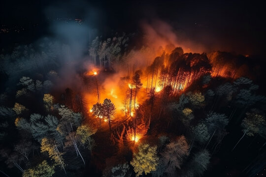 Aerial view of large scale wildfire at night. Generative AI