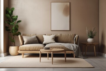 Fototapeta na wymiar a wall mockup of a living area with a brown sofa and a decorative plant. Generative AI