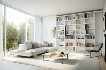 A minimalist living room with a low-profile white sectional, floating shelves displaying curated books and objects, and floor-to-ceiling windows that bathe the space in natural lig Generative AI