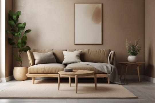 a wall mockup of a living area with a brown sofa and a decorative plant. Generative AI