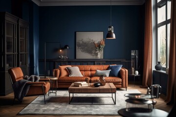 A masculine living room with a leather sofa in rich cognac, industrial-inspired metal accents, and moody dark blue walls. Generative AI