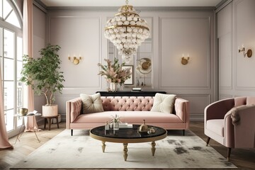 A vintage-inspired living room with a tufted velvet sofa in soft blush pink, antique brass accents, and a statement-making chandelier. Generative AI