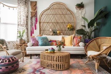 A boho-chic living room with a vintage rattan sofa, macrame wall hanging, and an eclectic mix of patterned textiles and colorful accents. Generative AI