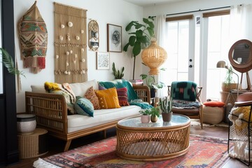 A boho-chic living room with a vintage rattan sofa, macrame wall hanging, and an eclectic mix of patterned textiles and colorful accents. Generative AI
