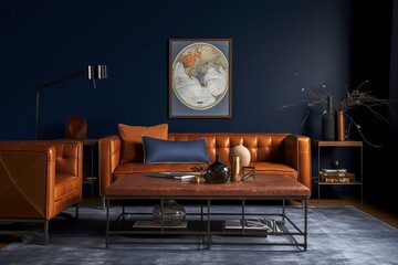 A masculine living room with a leather sofa in rich cognac, industrial-inspired metal accents, and moody dark blue walls. Generative AI