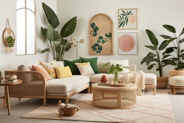 A tropical-inspired living room with a woven cane sectional, colorful botanical prints, and bold greenery accents. Generative AI