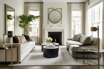 A transitional living room with a neutral-toned sectional, elegant marble fireplace, and a mix of modern and traditional accents. Generative AI