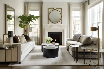 Fototapeta premium A transitional living room with a neutral-toned sectional, elegant marble fireplace, and a mix of modern and traditional accents. Generative AI