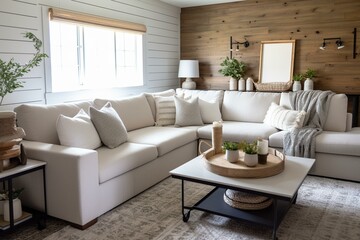 A modern farmhouse living room with a cozy white sectional, natural wood coffee table, and rustic shiplap walls. Generative AI