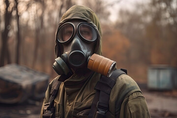 Man with a gas mask, nuclear war and environmental disaster, radioactivity catastrophe, military equipment