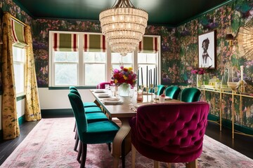 Fototapeta na wymiar An eclectic dining room featuring a marble-topped table surrounded by plush velvet chairs, vintage chandeliers, and vibrant patterned wallpaper. Generative AI
