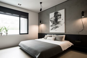 Fototapeta na wymiar A minimalist bedroom with a concrete accent wall, a floating nightstand, and a low-profile bed frame with black leather headboard, featuring black and white artwork and a statement Generative AI