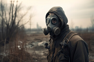 Post apocalyptic survivor in gas mask. Environmental disaster, armageddon concept - obrazy, fototapety, plakaty