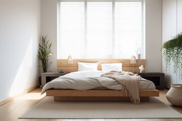 Fototapeta na wymiar A serene and spacious bedroom with a low platform bed, white bedding, and a simple wood headboard, featuring a neutral color palette and plenty of natural light. Generative AI