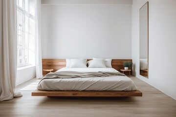 A serene and spacious bedroom with a low platform bed, white bedding, and a simple wood headboard, featuring a neutral color palette and plenty of natural light. Generative AI
