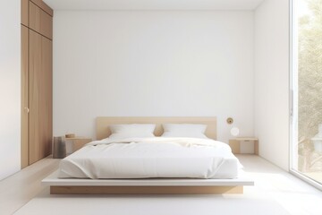 A serene and minimalist bedroom with a platform bed, white bedding, and a simple wooden headboard, featuring a neutral color palette and plenty of natural light. Generative AI