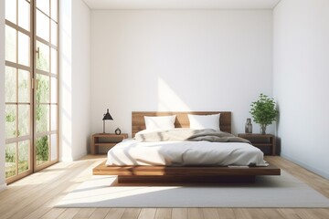 Fototapeta na wymiar A serene and minimalist bedroom with a platform bed, white bedding, and a simple wooden headboard, featuring a neutral color palette and plenty of natural light. Generative AI