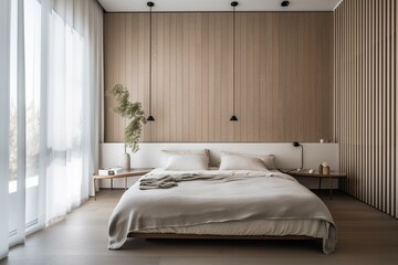 A cozy and minimalist bedroom with a platform bed, white bedding, and a wooden accent wall, featuring a neutral color palette and plenty of natural light. Generative AI