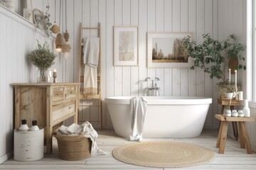 farmhouse style bathroom with a lovely white décor. Generative AI - obrazy, fototapety, plakaty