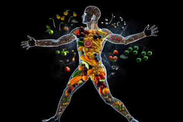 Fototapeta na wymiar outline of a human with bolts of energy running through the body, the body is surrounded by fruit