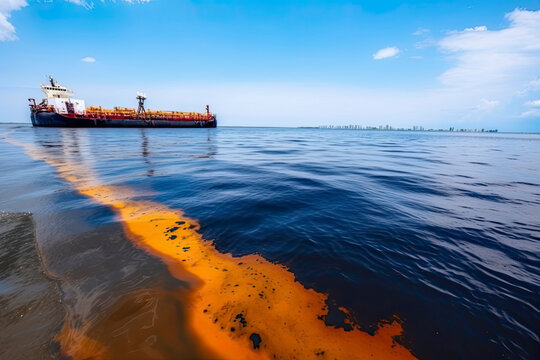 Oil leak from Ship , Oil spill pollution polluted water surface. water pollution as a result of human activities
