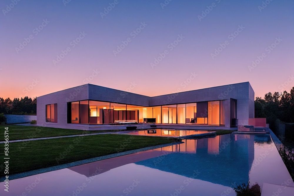 Canvas Prints Stylish residence for family in modern house exterior with beautiful lighting., created with generative ai