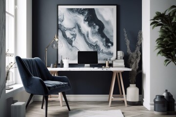 A dark blue armchair, a marble floor, and a marble table can be found in this contemporary white home office. a poster in a frame. a mockup. Generative AI