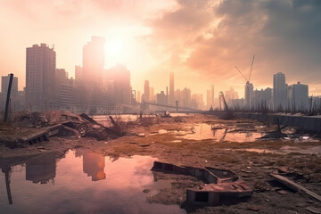 Post-apocalyptic landscape. City after the effects of global warming. Climate changes concept