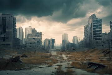Obraz premium Post-apocalyptic landscape. City after the effects of global warming. Climate changes concept