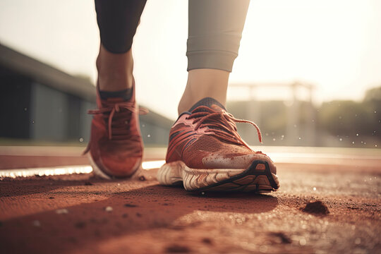 runner on a track with a close up of the shoes.Healthy exercise, healthy