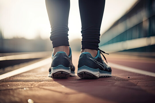 runner on a track with a close up of the shoes.Healthy exercise, healthy