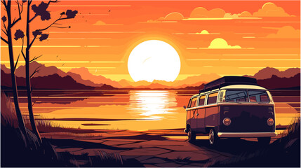 A Beautiful Sunset On A Roadtrip With The Camper Van At The Coast