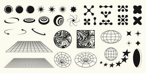 Set of abstract geometric shapes and elements in retro style. Y2k aesthetic design. Template for banner, poster, social media, logo, stickers.