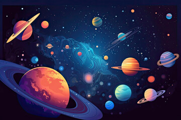 Fototapeta premium a colorful space scene with planets, astroids, stars, nebulas and comets. Concept and background related to space, space exploration and observation and astronomy