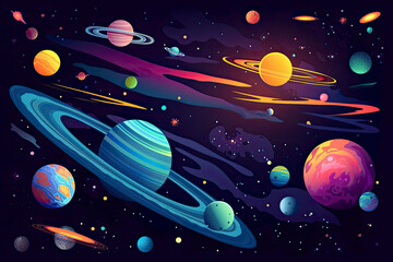 a colorful space scene with planets, astroids, stars, nebulas and comets. Concept and background related to space, space exploration and observation and astronomy