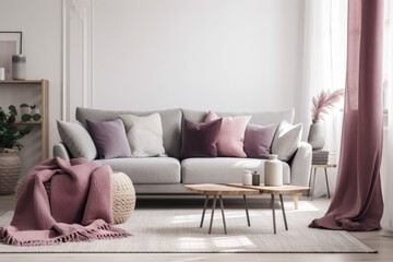 Gray sofa with burgundy and lavender pillows in a light living room with heather on the coffee table and blank white wall. Generative AI