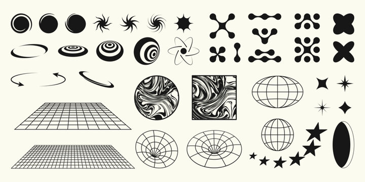 Set of abstract geometric shapes and elements in retro style. Y2k aesthetic design. Template for banner, poster, social media, logo, stickers.