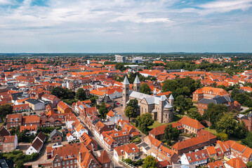 Naklejka na ściany i meble Summer cityscape of Viborg, Midtjylland, Denmark. Aerial skyline view of the old town and church