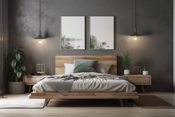 A contemporary bedroom with a nice bed and a grey empty wall. idea of contemporary existence. Copy space mockup. Generative AI