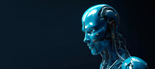 A Futuristic Robotic Model for Handsome Artificial Intelligence with 3D Rendering, Cybernetic Neck and Chest, Strong and Muscular Profile, and Rich Gold Reflections for Serious and Cool Sci-Fi Concept